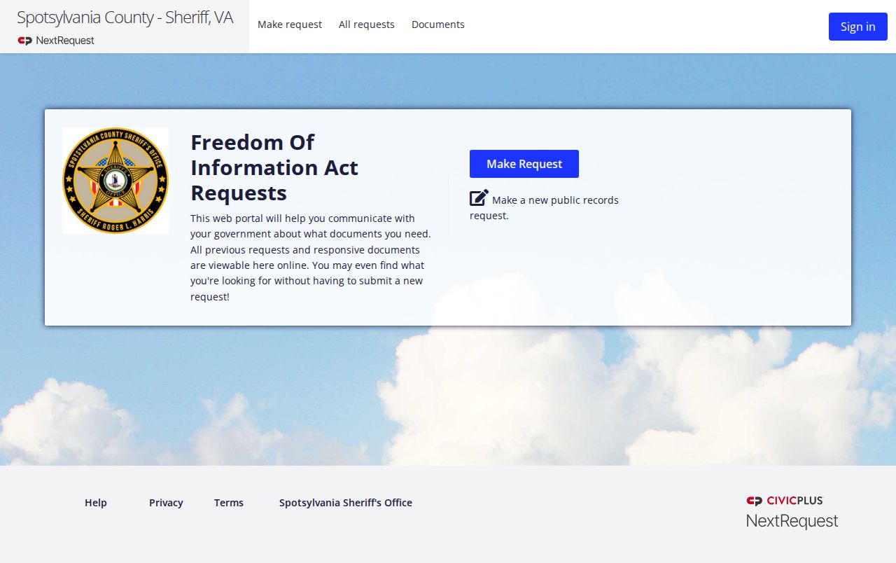 Spotsylvania County Sheriff booking-record request portal