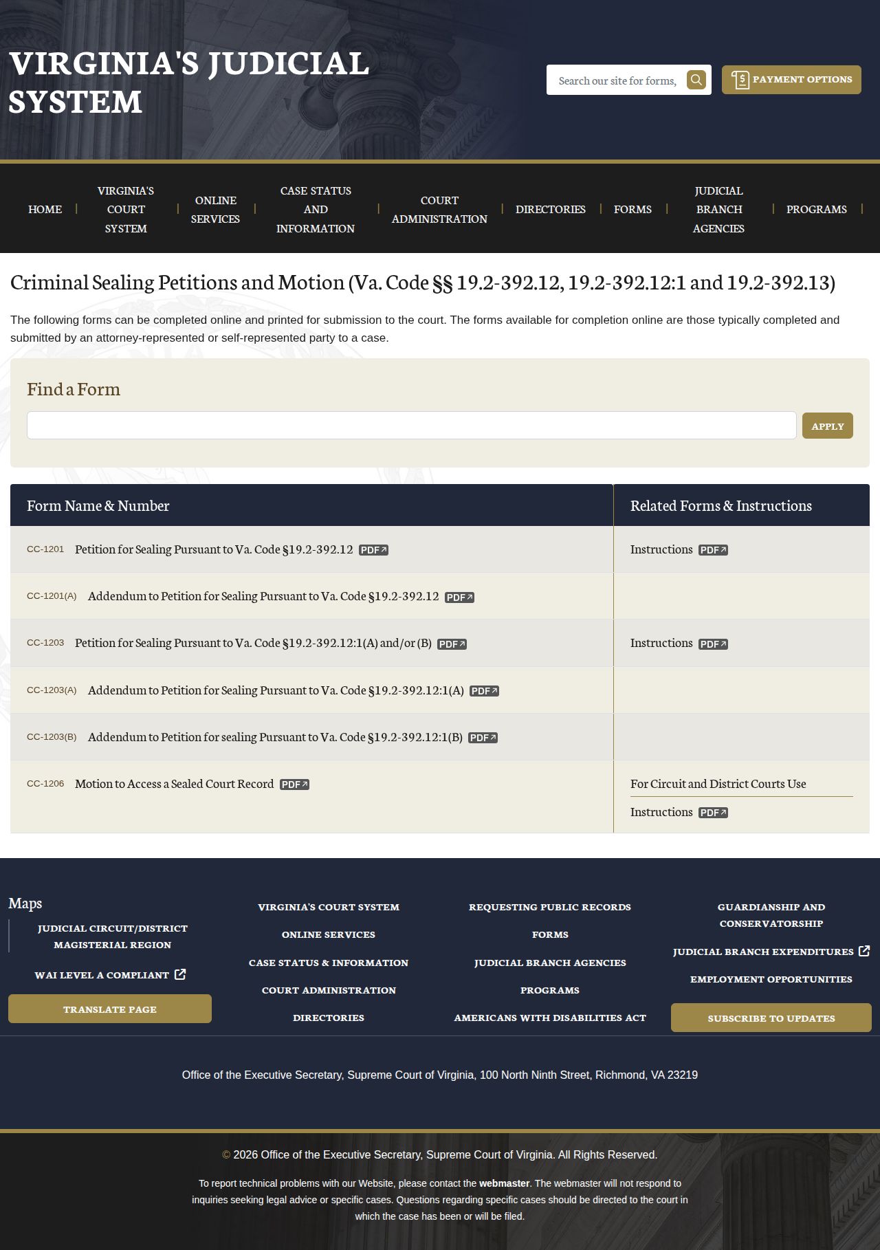 Virginia sealing forms for Spotsylvania booking-record matters