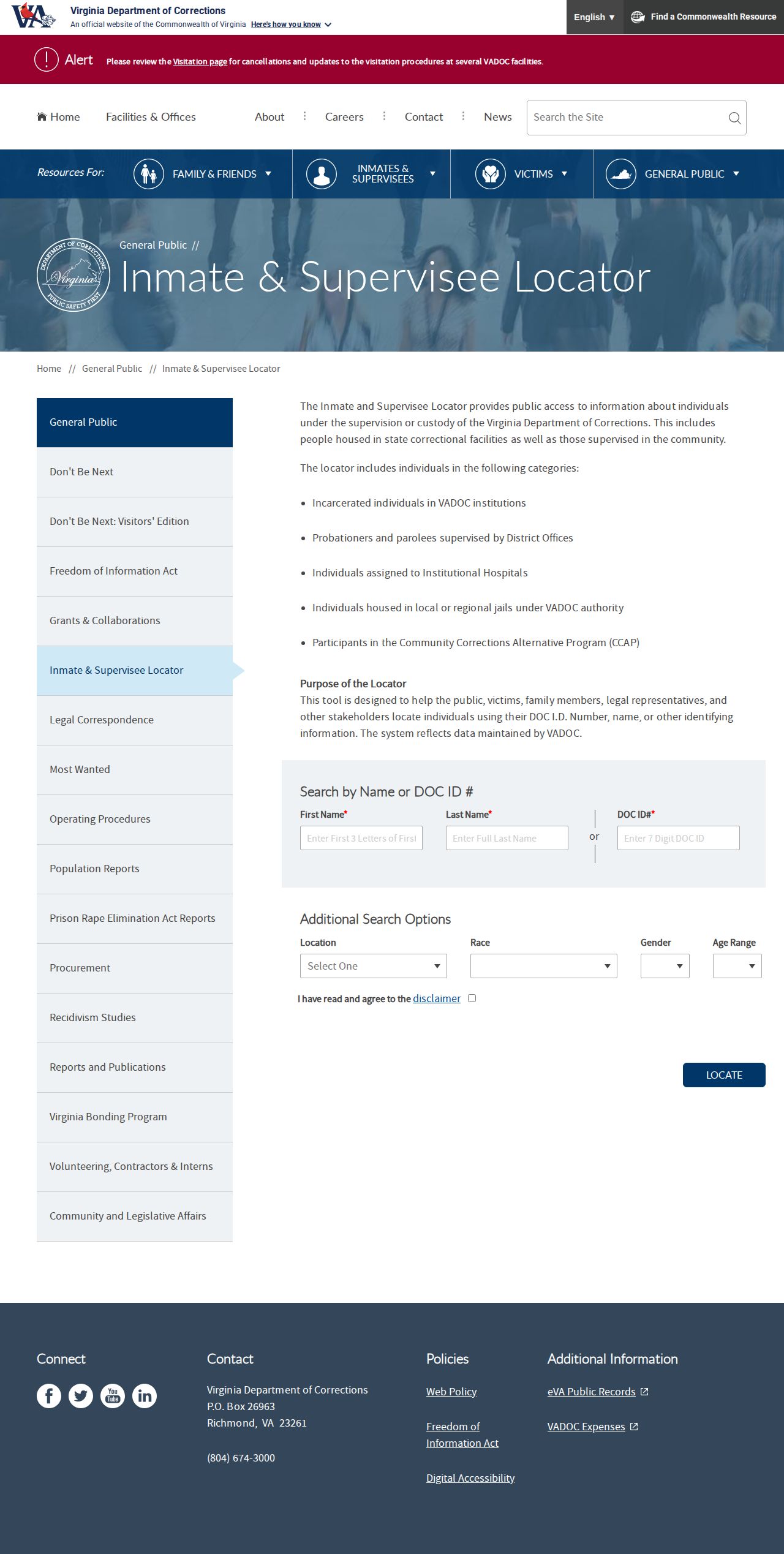 Virginia Department of Corrections locator for Spotsylvania custody records