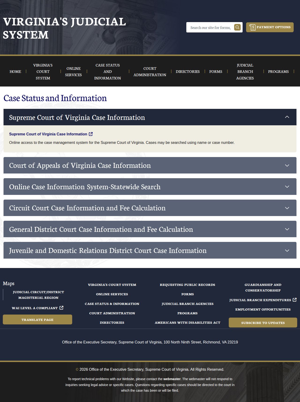 Virginia Courts case status search for Spotsylvania booking outcomes